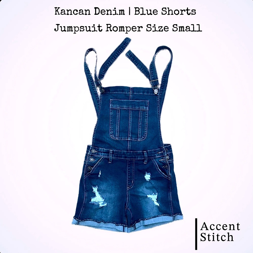 KanCan Jumpsuit | Blue Denim Romper Shorts Distress Utility Pockets Size…